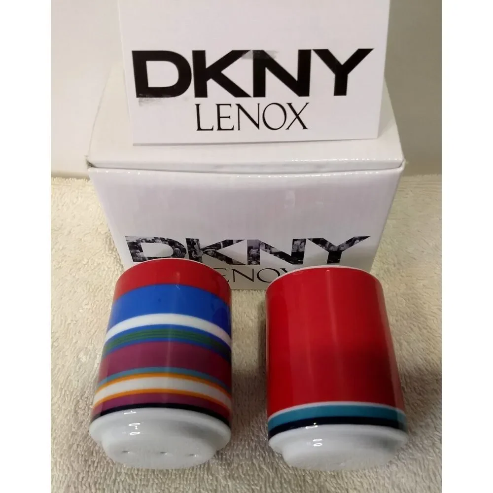 Lenox DKNY Urban Essentials Cherry Salt & Pepper Shakers Stackable Red - Stripes